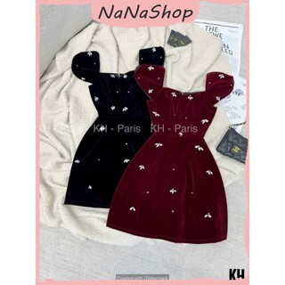 Váy nhung đính đá, Đầm nhung dáng midi tay ngắn bồng cổ tròn ôm eo họa tiết đính đá hai màu đỏ đen