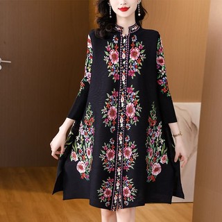 Miyake Xếp Ly Kích Thước Lớn Rộng Nữ Rời Retro In Hình Phong Cách Trung Hoa Tính Khí Thanh Lịch Co Giãn Xếp Ly Đầm Nữ Quần Áo