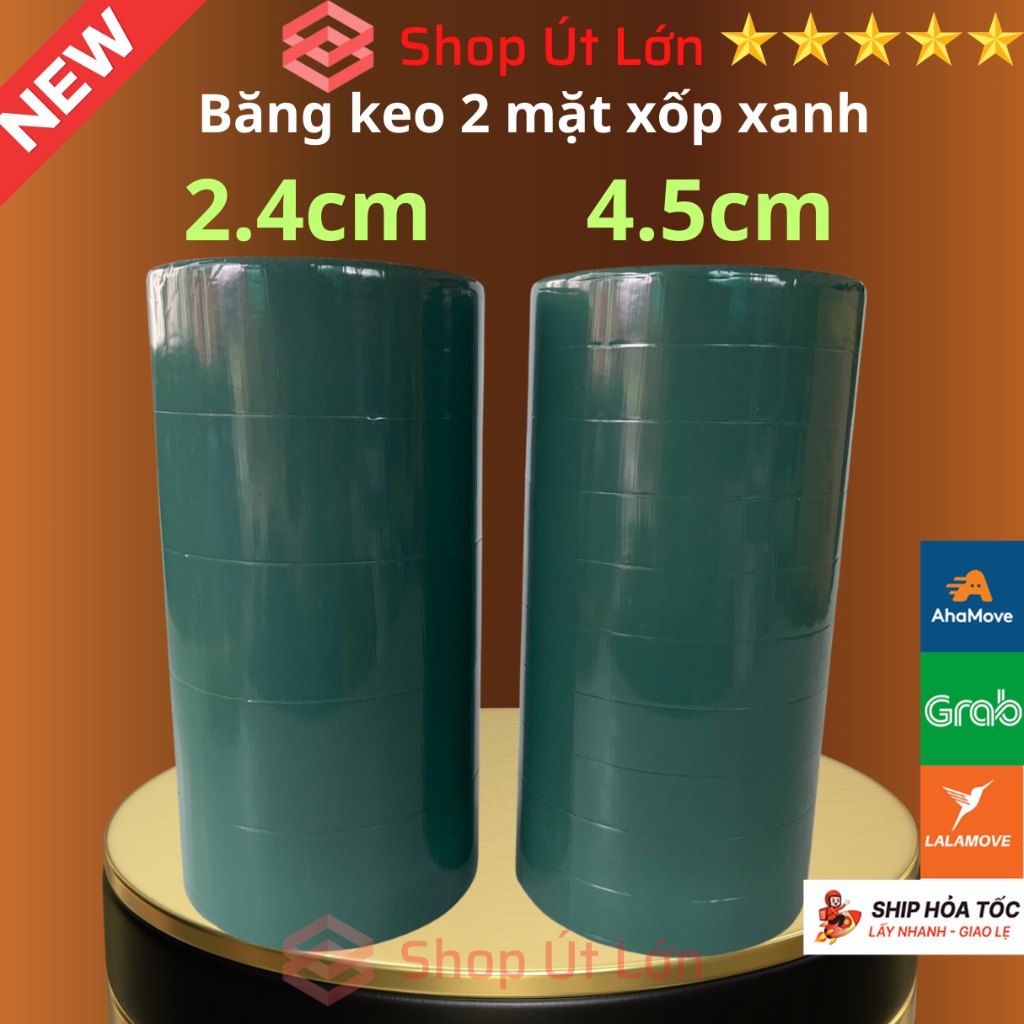 Băng keo 2 mặt xốp xanh 2,4cm - 4,5cm, độ dầy 1mm, lõi giấy 3mm trọng lượng 380gram