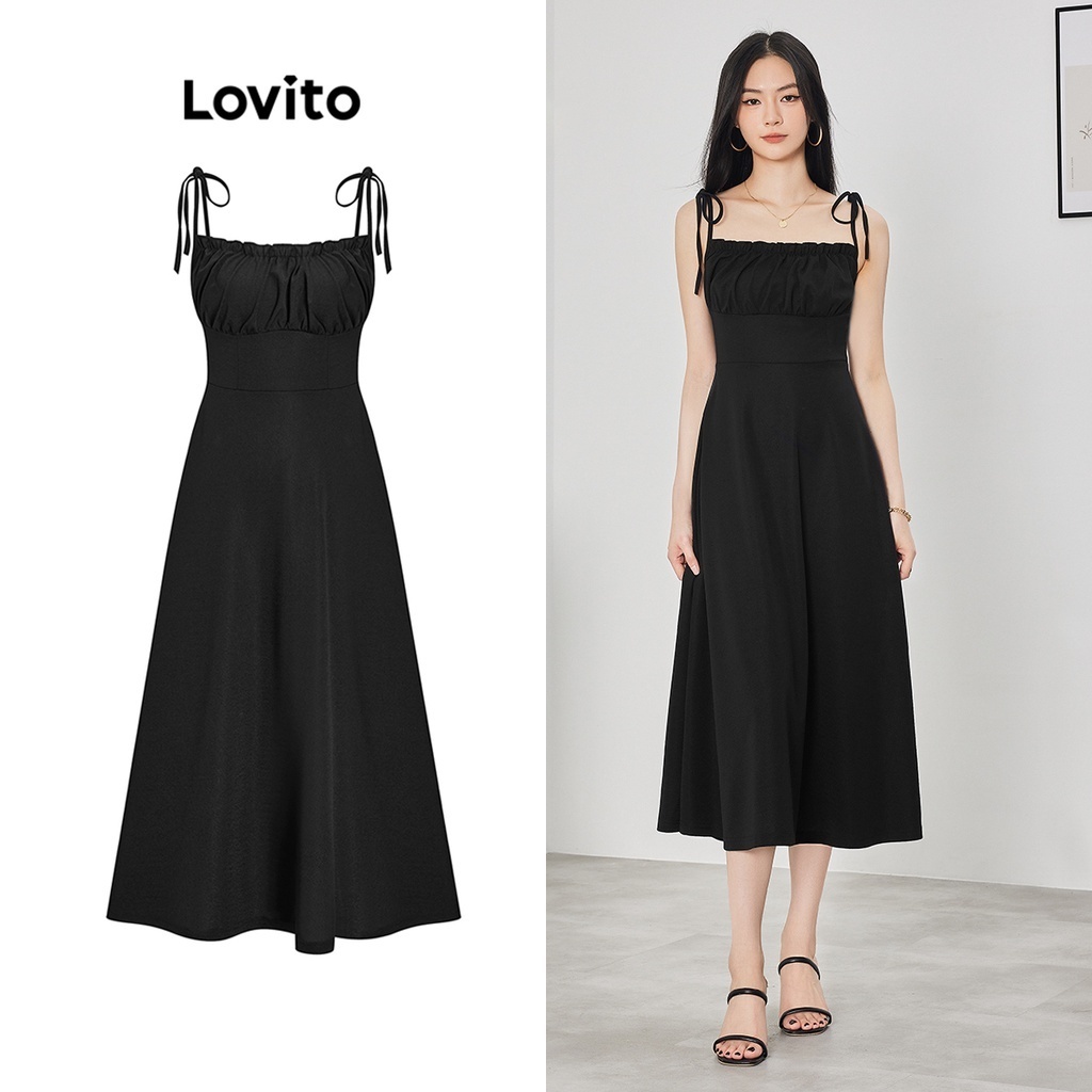 Đầm Lovito váy dài xếp ly diềm xếp nếp viền lai bèo màu trơn thanh lịch cho nữ L62ED156 (màu đen)