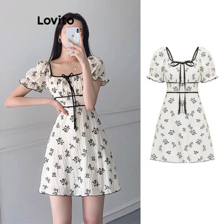Đầm Lovito họa tiết hoa nhí buộc dây viền tương phản phong cách thường ngày cho nữ L85AD287