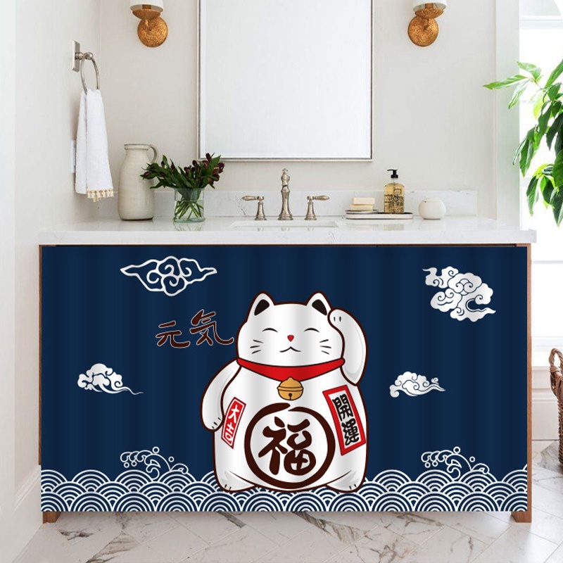 Rèm Treo Cửa Ngắn In Hình Mèo May Mắn Không Cần Khoan Lỗ Trang Trí Nhà Bếp