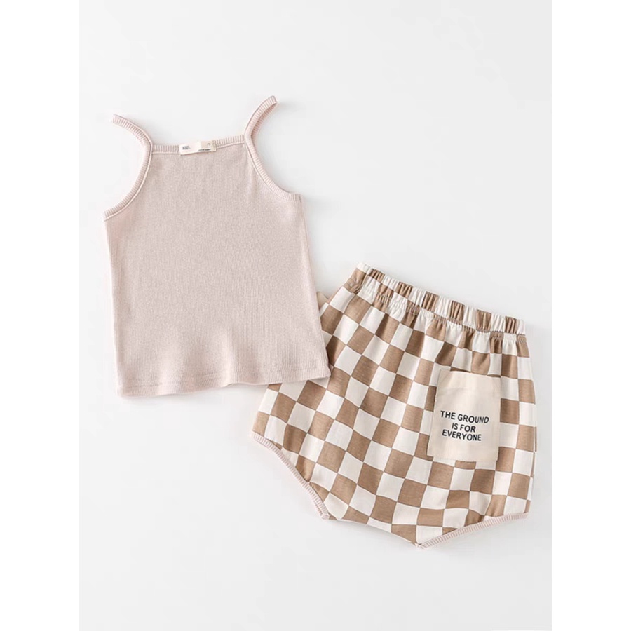 Set Đồ Mùa Hè 2 Món Gồm Áo Trơn Sát Nách + Quần Ngắn In Họa Tiết Caro Cho Bé 1-3 Tuổi