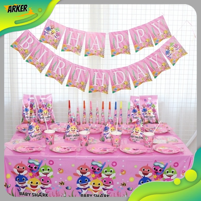 Ak  Khăn Trải Bàn Cờ Trang Trí Tiệc Sinh Nhật Bé Gái Hình Cá Mập Màu Hồng