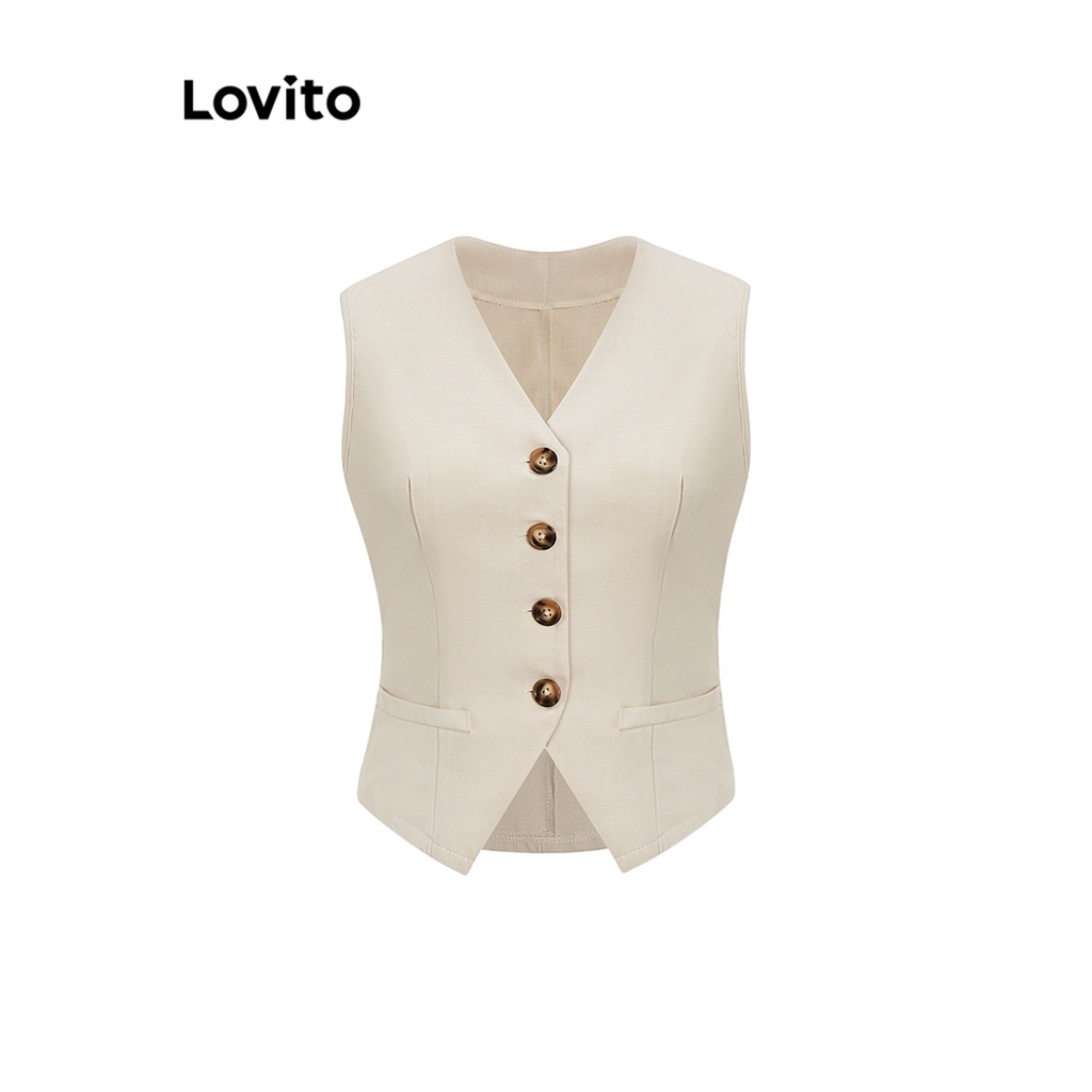 Bộ quần dài Lovito phối nút túi trước màu trơn thường ngày cho nữ L62ED118