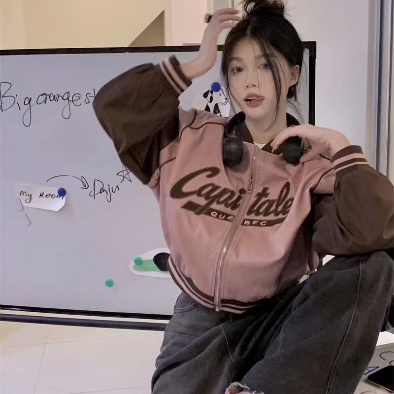 Áo Khoác Bóng Chày Tay Dài Dáng Rộng In Chữ cozok Màu Sắc Tương Phản Có Khóa Kéo Phong Cách vintage