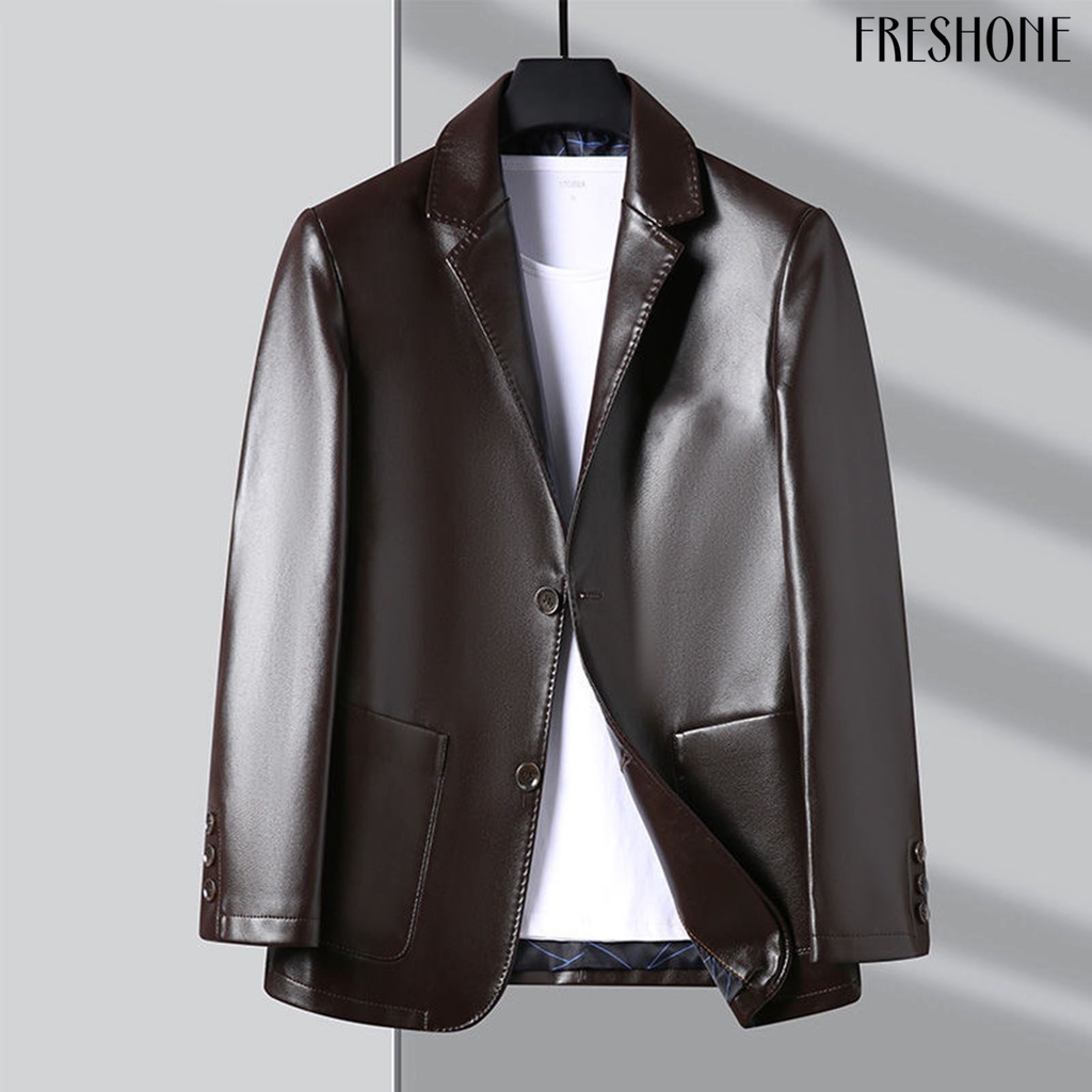 Áo Khoác Da Giả Cổ Bẻ Cài Nút Có Túi Phong Cách Xuân Thu Cho Nam Doanh Nhân Ngoài Trời