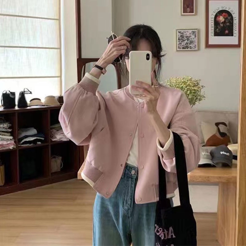 Ruo Beixuan Áo Khoác Bóng Chày Màu Trơn Phong Cách Hàn Quốc Thời Trang Thu Đông Cho Nữ