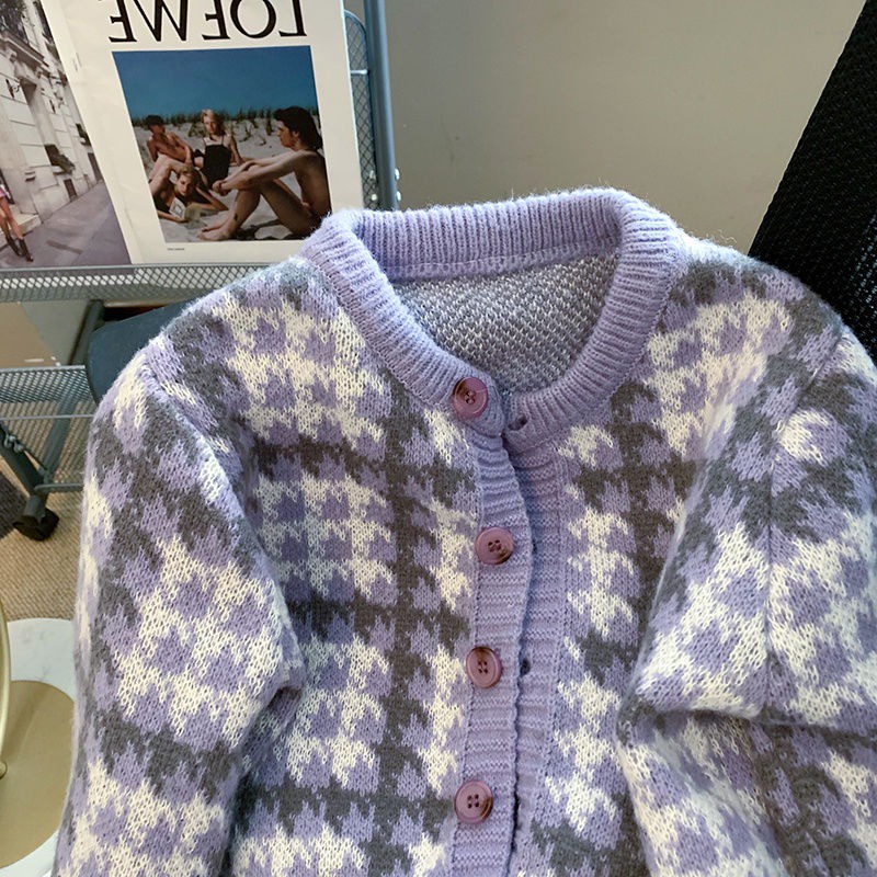 Áo Khoác cardigan Dệt Kim Họa Tiết houndstooth Màu Tím Xinh Xắn Cho Nữ