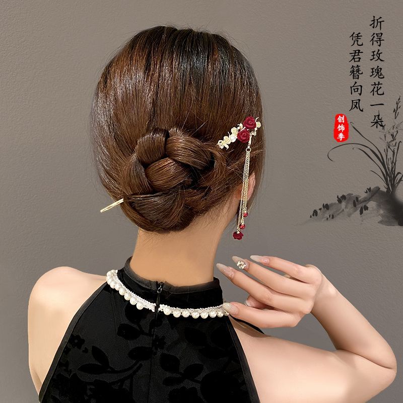 Trâm Cài Tóc Đính Hoa Hồng Tua Rua Phong Cách Cổ Điển Cho Cô Dâu