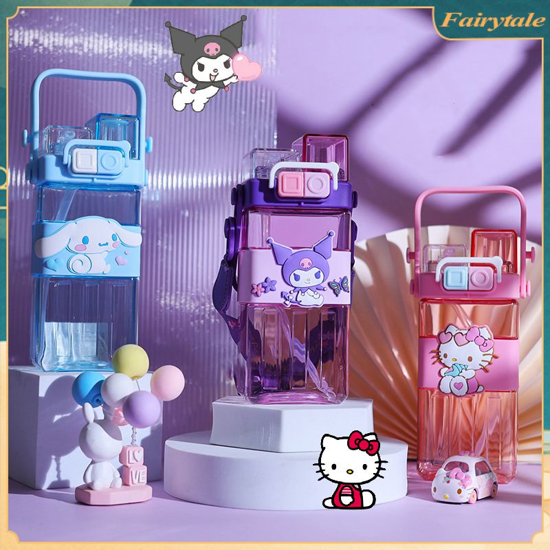 ☢ Cốc uống nước đôi Sanrio 550ml Dễ thương Cinnamoroll Kuromi Cốc có ống hút Chai nước hình vuông cầm tay Chai nước Kawaii Chai ống hút quà tặng