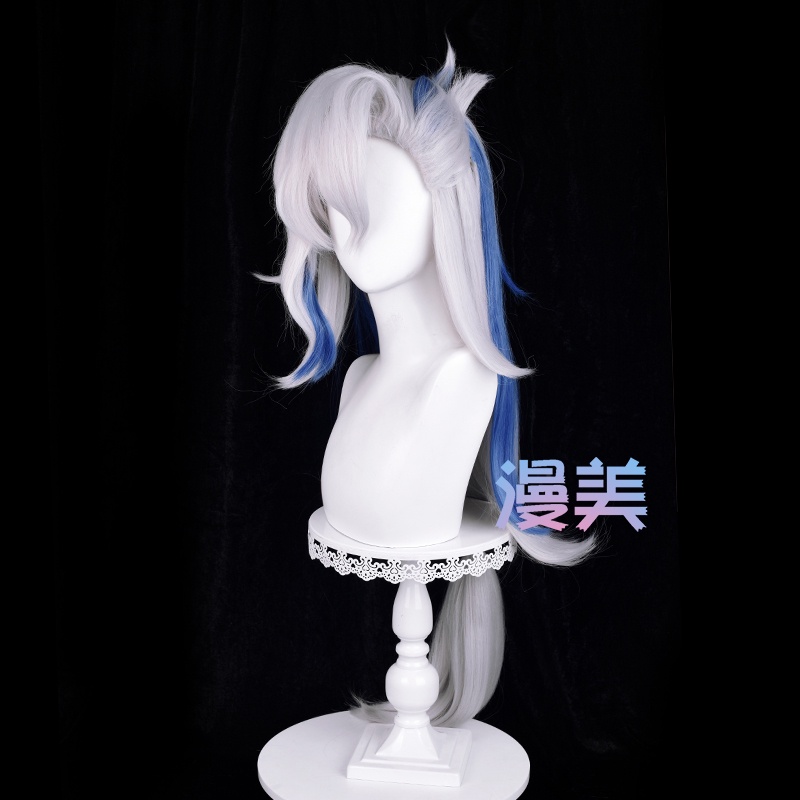 Genshin Impact Fontaine Neuvillette Cosplay Wig 100cm Long Silver White Blue Wig Cosplay Anime Wigs Heat Resistant Synthetic Wigs