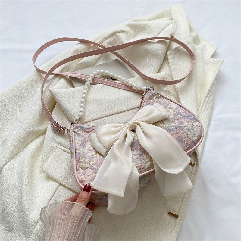 Niche Túi Đeo Chéo Đính Nơ Ngọc Trai Thời Trang Dành Cho Nữ