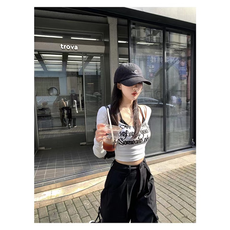 Milyfashion Bộ Áo Thun Hai Dây In Phông Chữ gothic Màu Trơn Thời Trang Mùa Thu Cho Nữ