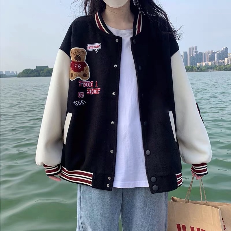 Áo khoác bomber varsity thêu hình gấu teddy , chất nỉ ấm áp phong cách cho cả nam và nữ EB014 Meme