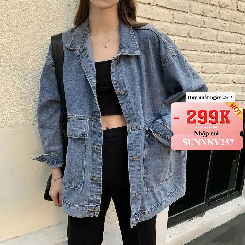 Áo khoác jean nữ vải bò form rộng khoác demin dài tay túi hộp ulzzang SUNNY SHOP Q1