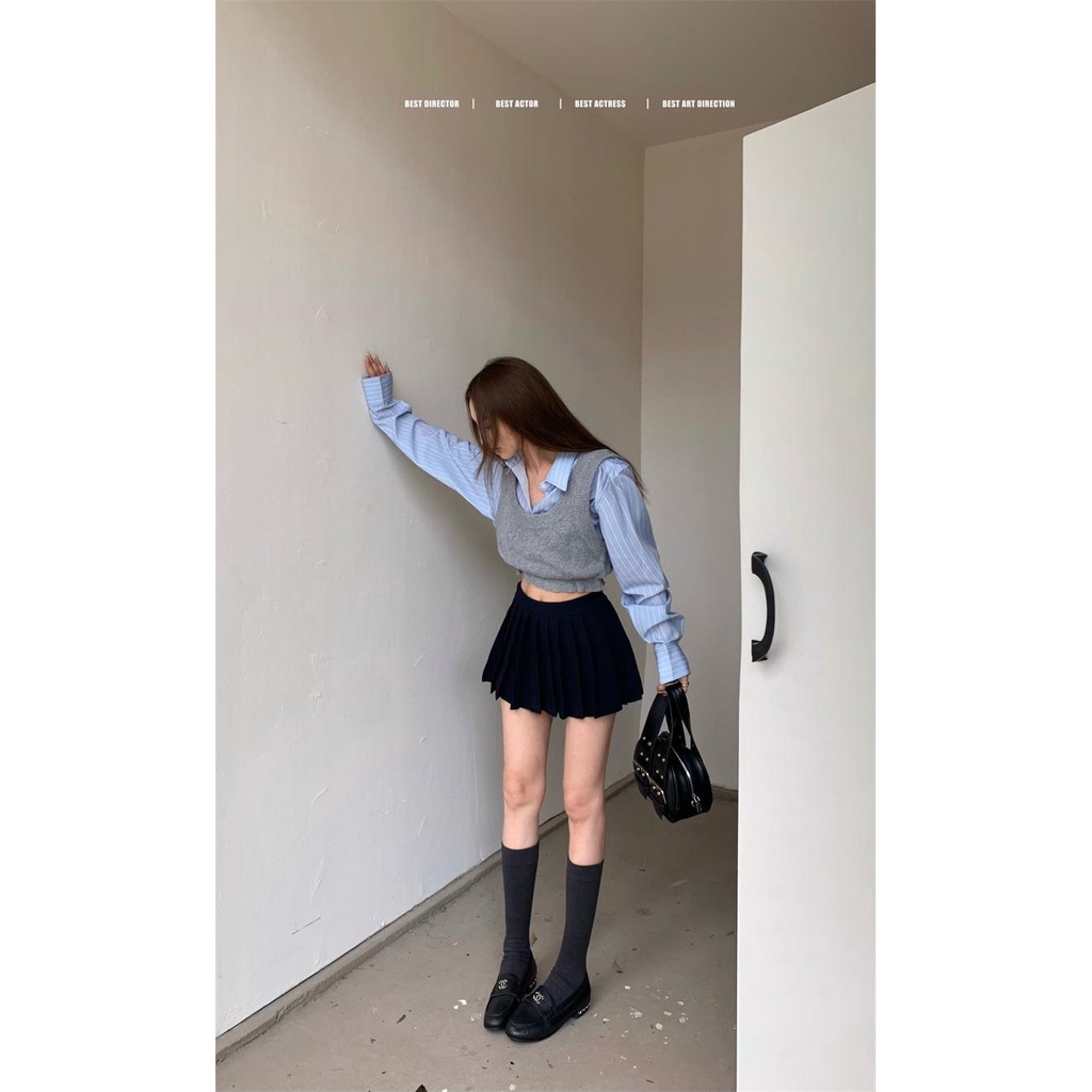 Set Áo Sơ Mi Kẻ Sọc Dài Tay + Áo Khoác Ghi Lê + Chân Váy Xếp Li Thời Trang Dành Cho Nữ 3n