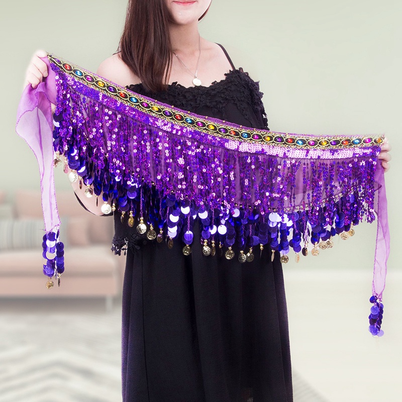 Thắt Lưng Dây Xích Bằng Vải Voan Phối Đồng Xu Vàng Nhiều Màu Dùng Múa Bụng