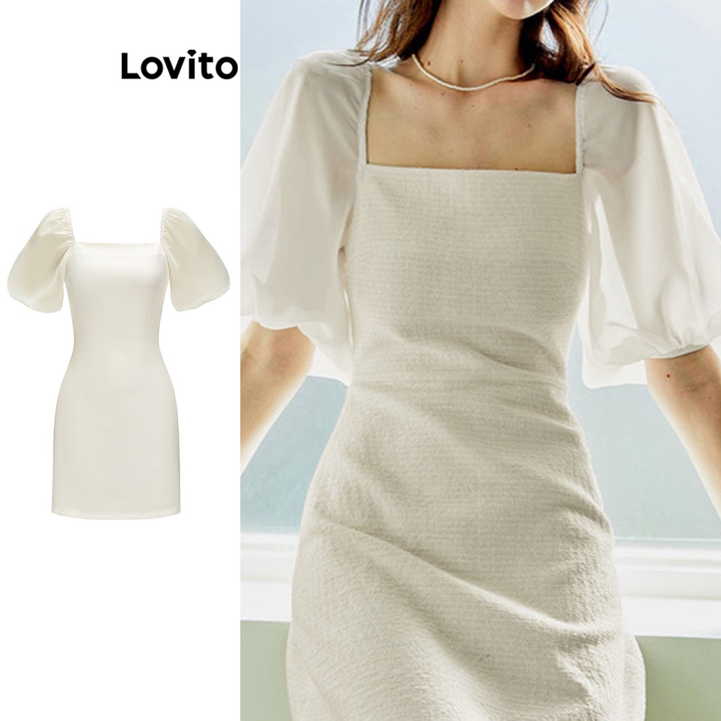 Đầm suông Lovito phối lưới tương phản thời trang thanh lịch cho nữ L59ED114 (Trắng)