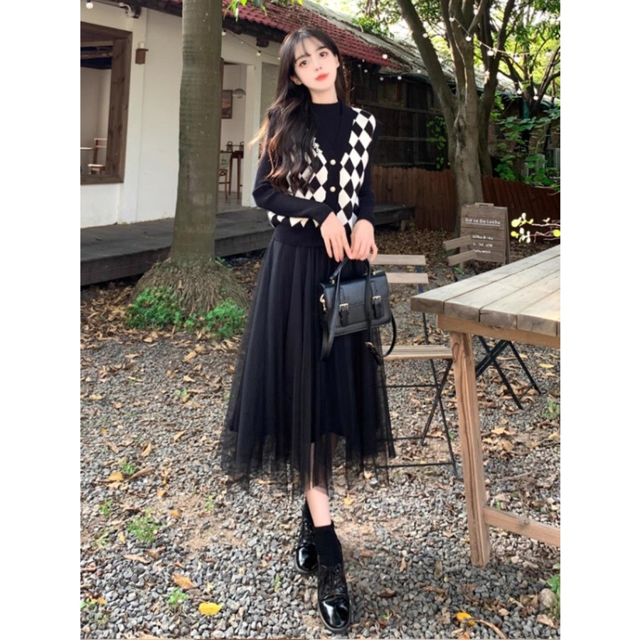 Set Áo Len Không Tay Phối Chân Váy Lưới Thời Trang Thu Đông Hàng Mới 2023 Dành Cho Bạn Nữ
