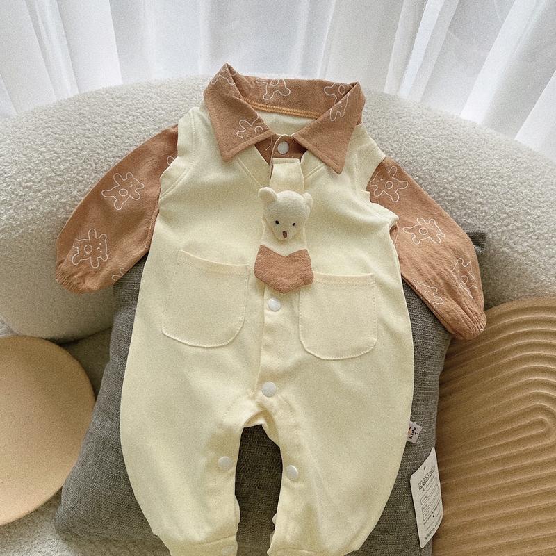 Body Liền Quần CARAVAT GẤU Nâu và Kem Chất Zip Hàn Cho Bé Trai Sơ Sinh Mặc Thu Đông