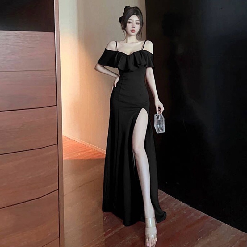 Đầm Trễ Vai Nhún Bèo Dáng Dài tta Thời Trang Cho Nữ