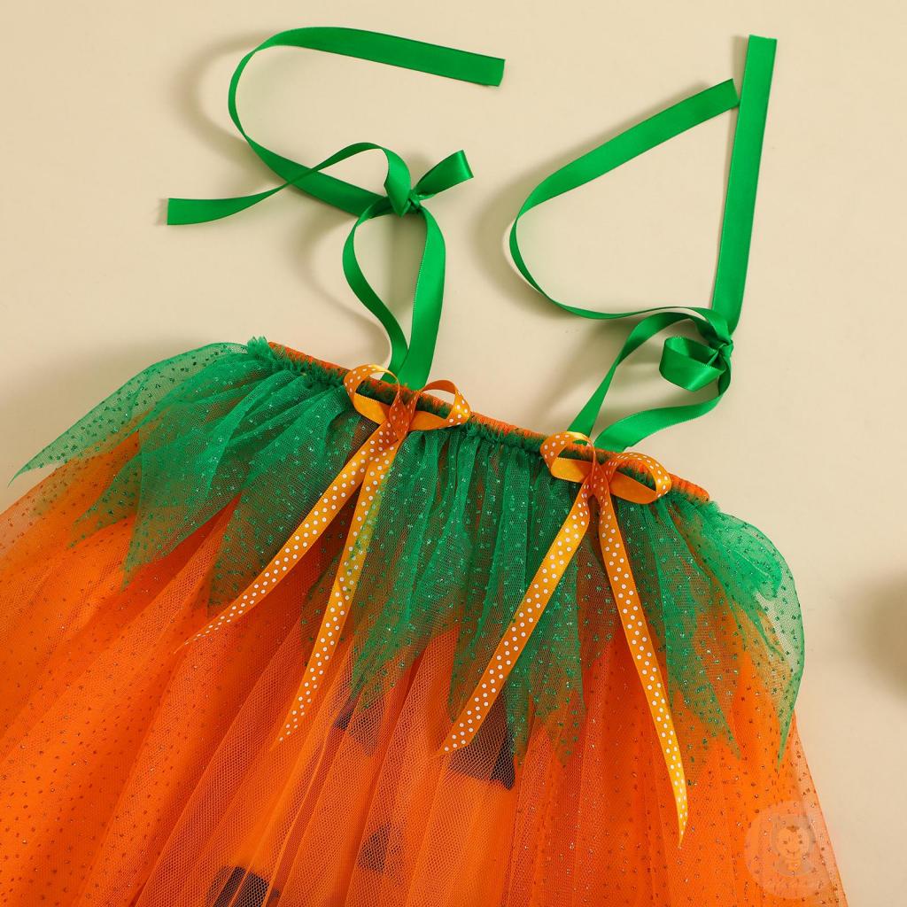 Laa6-đầm Vải Tuyn Không Tay Hình Bí Ngô halloween Kèm Túi Đựng Cho Bé Gái