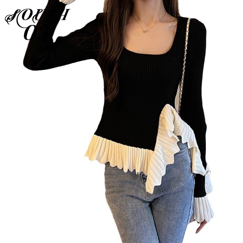 Áo sweater Dệt Kim Mỏng Tay Dài Cổ Vuông Thời Trang Thu Đông Phong Cách Pháp Mới Cho Nữ