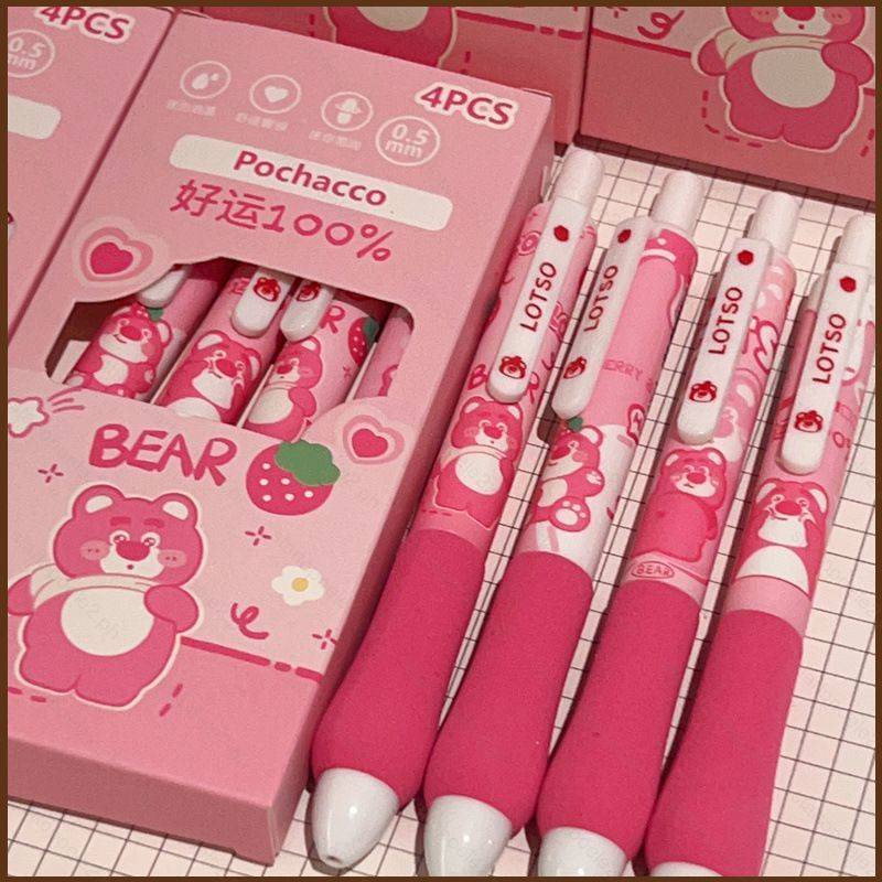 Kira set 4 Bút Bi Hình Gấu / Dâu Tây Dễ Thương Cho Học Sinh
