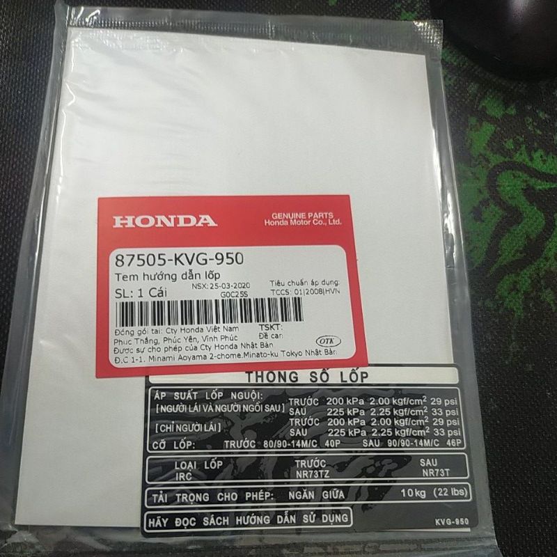 Tem thông số lớn + Tem Ghi Nhớ Honda Air Blade ab 110 125 Click 110 Vn