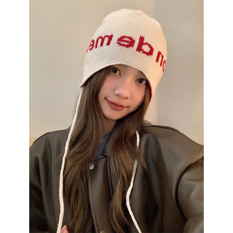 Niche Mũ Len Trùm Tai Giữ Ấm In Chữ Phong Cách Đường Phố Hàn Quốc Cho Cặp Đôi