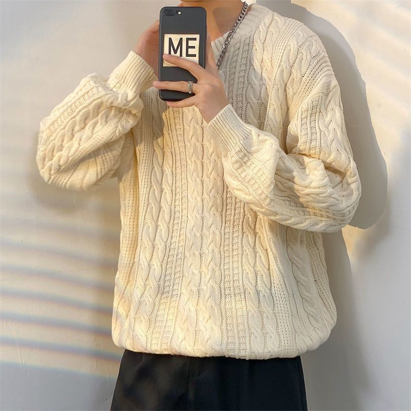 Áo sweater Dệt Kim Cổ Tròn Dáng Rộng Phong Cách vintage Thời Trang Mùa Đông Cho Nam Giới