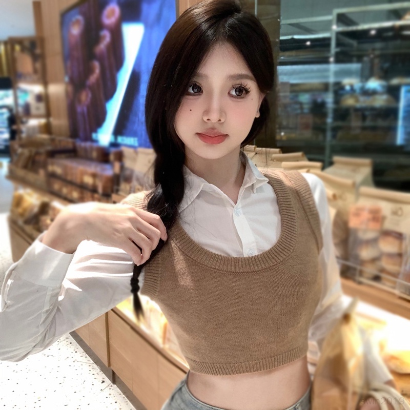 Áo Croptop Dệt Kim Không Tay Màu Sắc Đơn Giản Cho Nữ