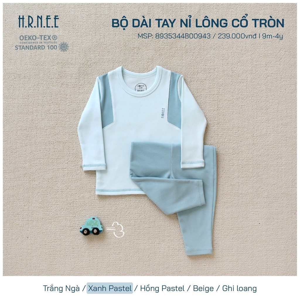 Bộ Hrnee dài tay nỉ lông cổ tròn cho bé trai bé gái