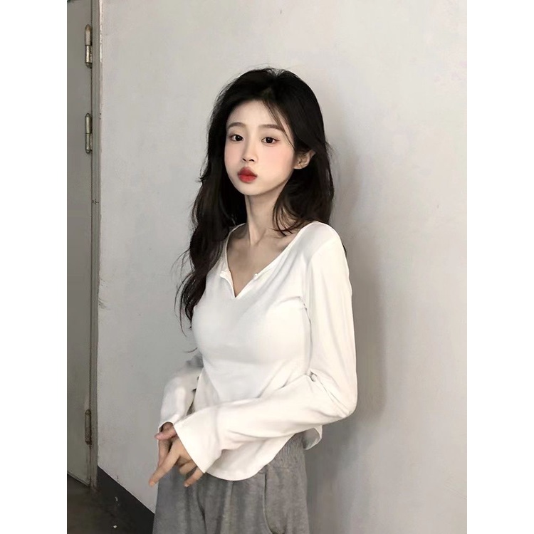 Áo Thun Nữ Tay Dài Cổ Chữ v Màu Trơn