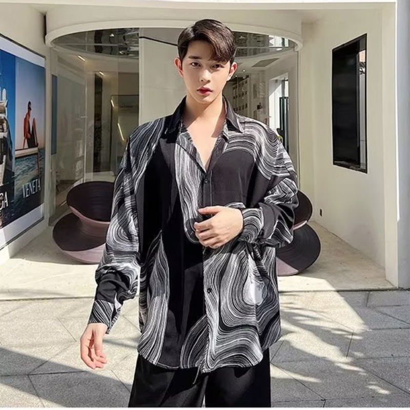 Áo Sơ Mi Tay Dài Dáng Rộng In Họa Tiết Màu Tương Phản Đơn Giản Dễ Phối Đồ Thời Trang Cho Nam