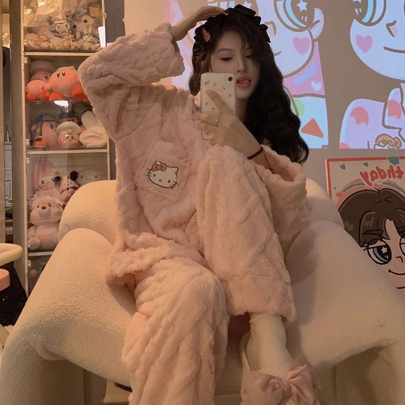 Fds Bộ Đồ Ngủ Hai Mảnh Vải Lông Cừu San Hô Dày Dặn In Hình hello kitty Dễ Thương Thời Trang Mùa Đông Cho Học Sinh