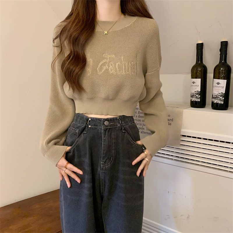 Áo sweater Tay Dài Cổ Tròn Eo Cao Thêu Chữ Thời Trang Xuân Thu Cho Nữ