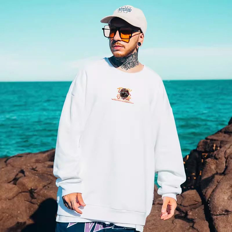 Sweater nam form rộng big size tới 90kg Mỹ độc đoán hổ đầu in áo len bông giản dị nhung cộng với kích thước vòng c