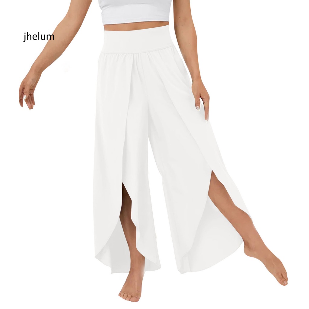 Jl * Quần culottes Lưng Cao Ống Rộng Xẻ Tà Màu Trơn Dành Cho Nữ Tập yoga