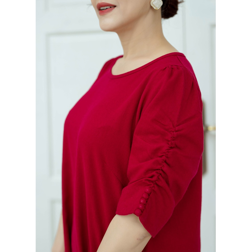 SWANLAKE | Đầm Trung Niên Phom Suông Tay Rút Nhún Nút Bọc Vải Linen Tưng - D11008LW01