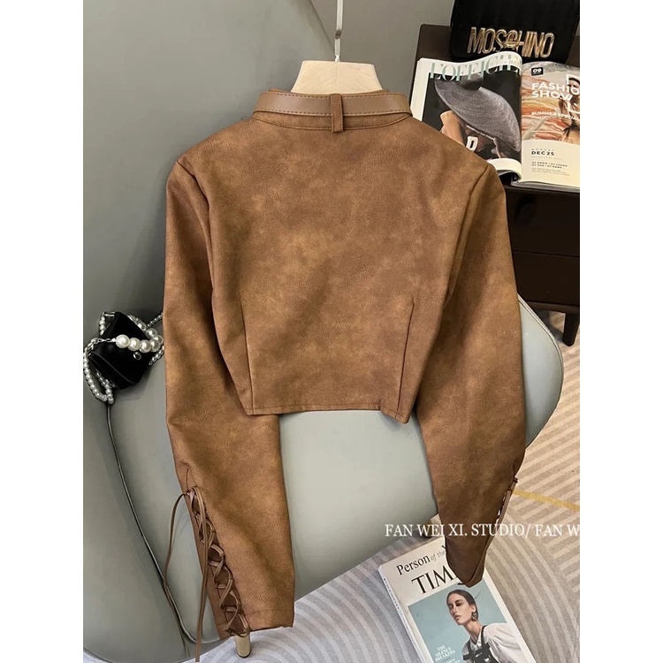 Áo Khoác Da cardigan Dáng Ngắn Phong Cách retro Mỹ Thời Trang Thu Đông Dành Cho Nữ