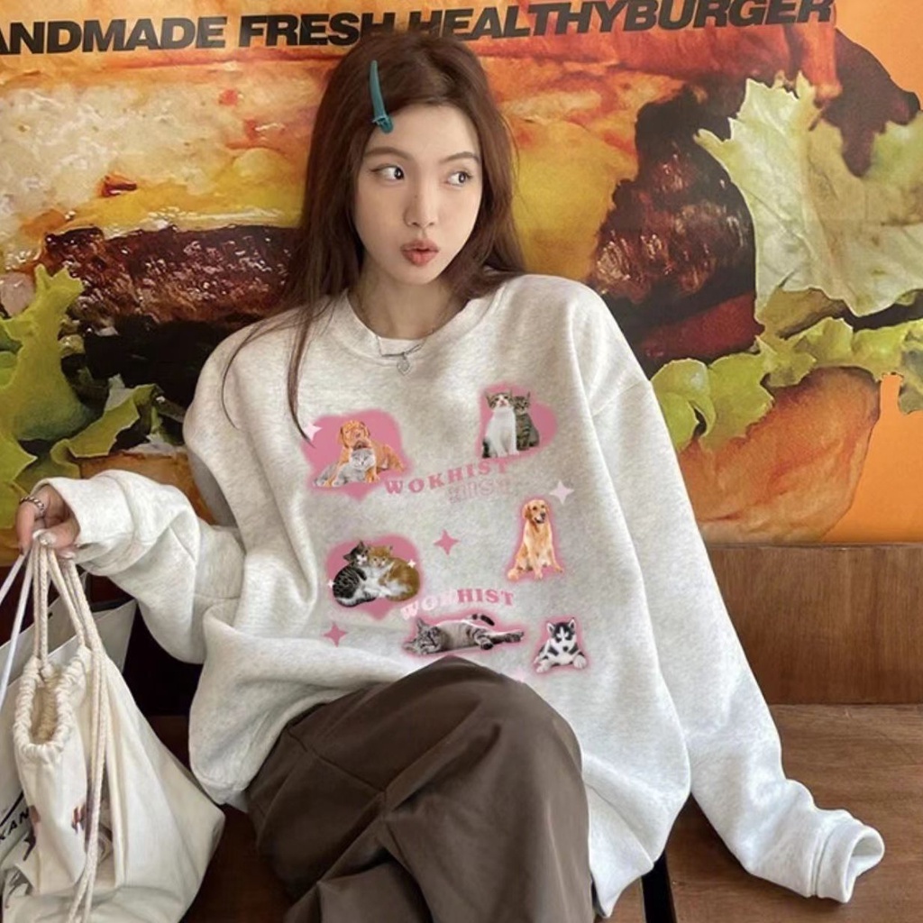 Áo hoodie Vải Lông Tay Dài Dáng Rộng In Hoạt Hình Phong Cách Hàn Quốc Thời Trang Thu Đông Cho Nữ