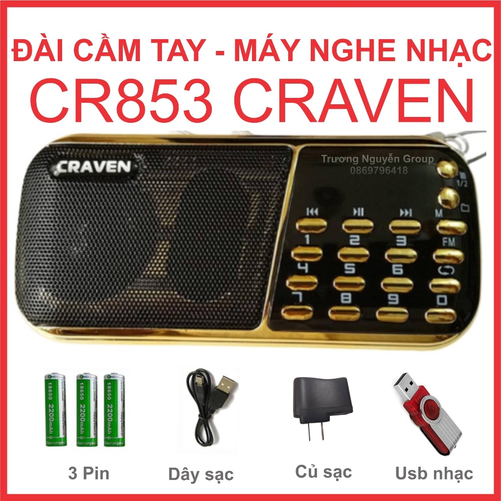 Đài Cầm Tay - Máy Nghe Nhạc Thẻ Nhớ Usb - Fm - Radio - Kiêm đèn Pin led siêu sáng - Loa Craven Cr 853 - 3 Pin sạc
