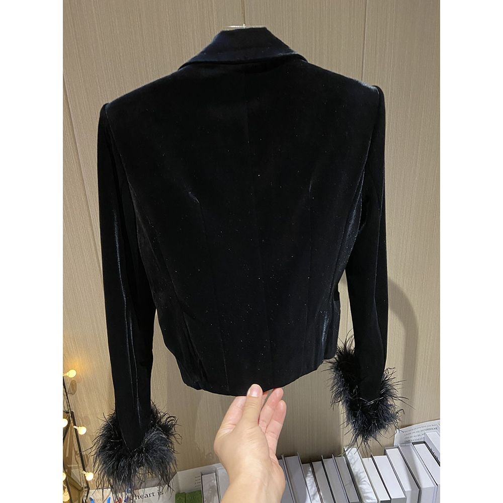 Áo Khoác Nhung Ngắn Màu Đen Phong Cách Châu Âu Thời Trang Mùa Thu 2023 Sang Trọng Cho Nữ