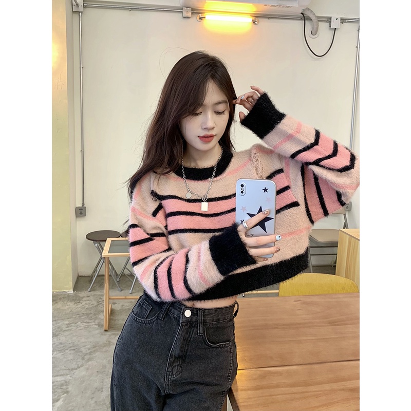 Áo Dệt Kim Tay Dài Dáng Rộng Họa Tiết Kẻ Sọc Phong Cách retro Thời Trang Mùa Thu Cho Nữ