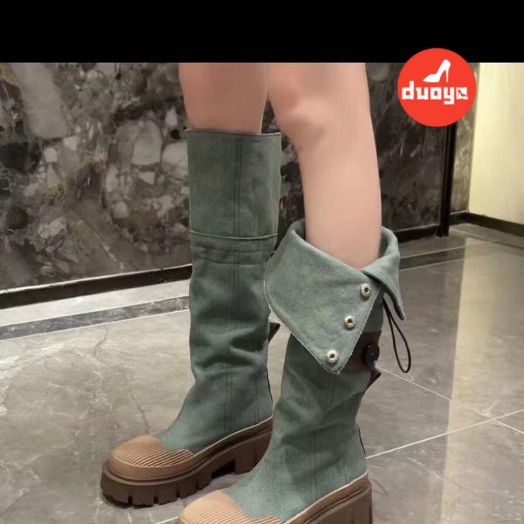 Duoya Hair Thẳng ~  Giày Bốt Cao Bồi Phương Tây Đế Dày Có Dây Rút Cho Nữ