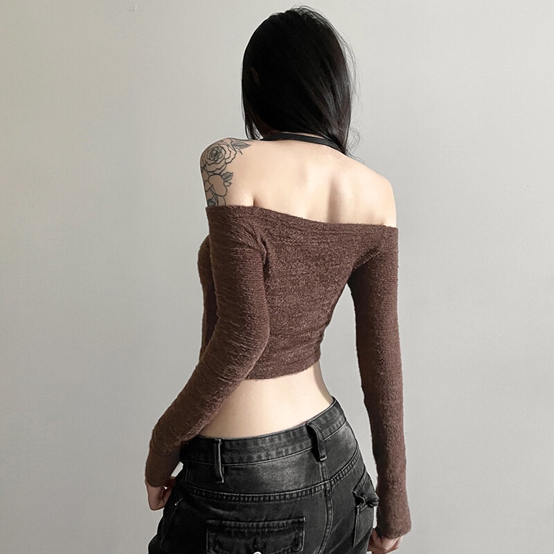 Weird Puss Áo Croptop Dệt Kim Dài Tay Trễ Vai Thời Trang Quyến Rũ Dành Cho Nữ