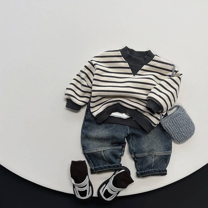 Áo sweater Lông Nhung Họa Tiết Kẻ Sọc one piece Phong Cách Hàn Quốc Thời Trang Mùa Đông Cho Bé Trai Và Gái