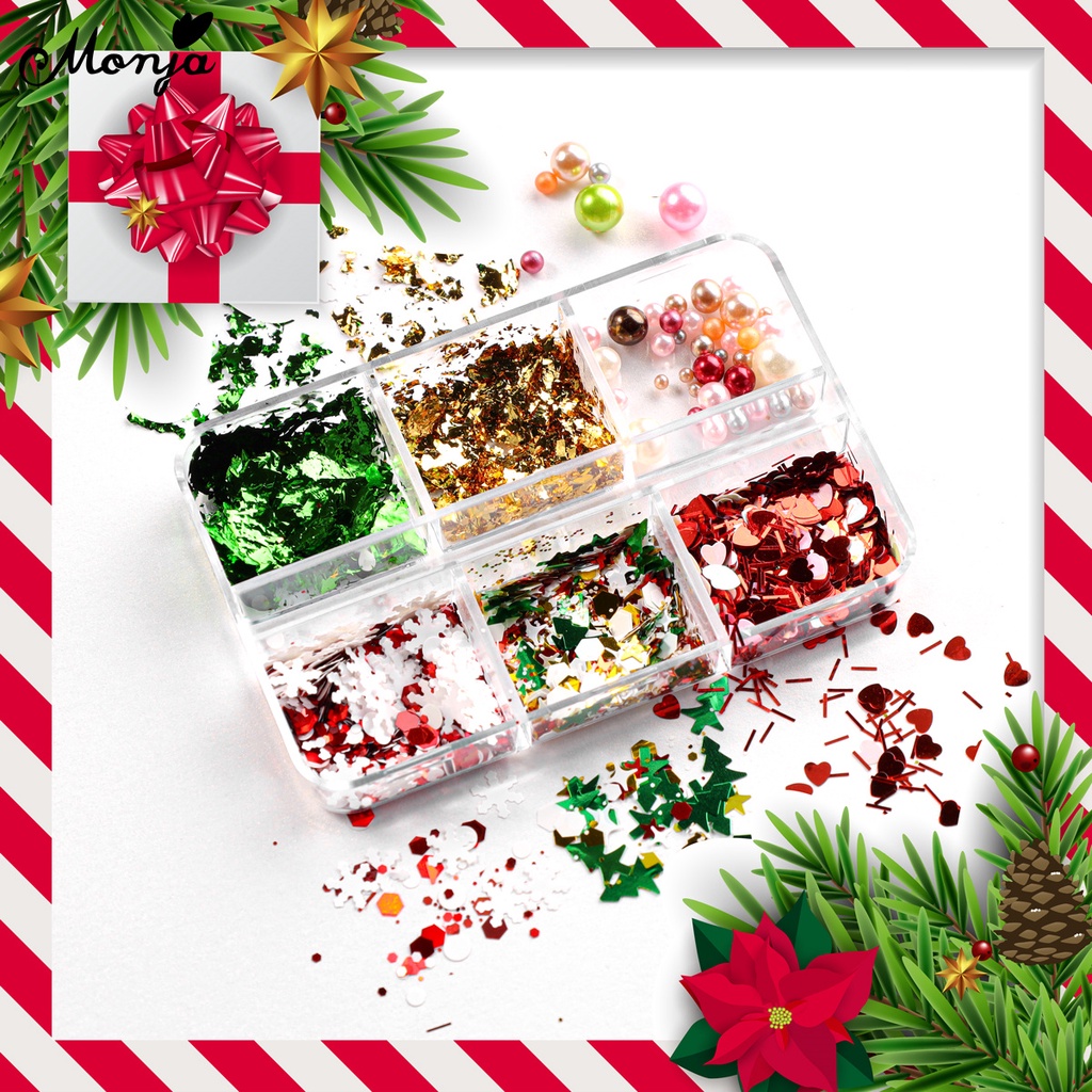 Monja Hộp Lá Nhôm 6 Ngăn Đựng Hạt Kim Sa Hình Hoa Tuyết / Trái Tim Nhiều Màu Sắc Trang Trí Móng Nghệ Thuật diy